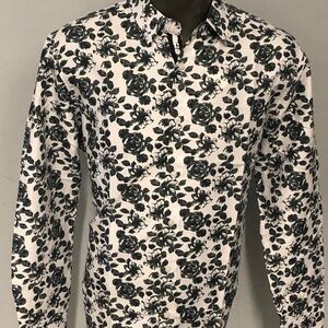 shirt button front white floral modern fit XL